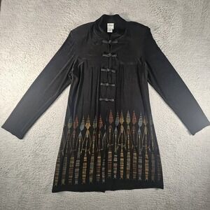 Vtg Norm Thompson Cardigan Womens M Black Militay Tribal Artsy Asian Duster Boho